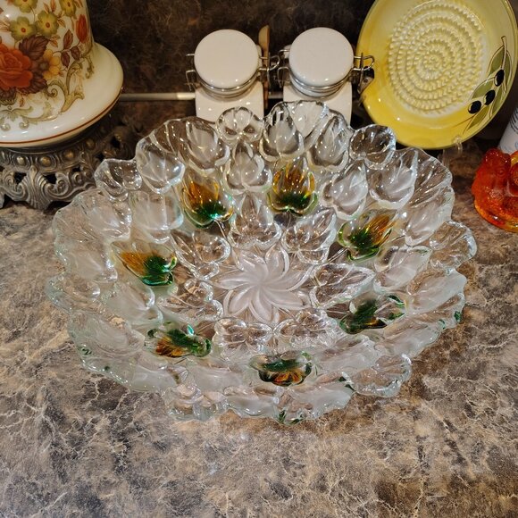 Studio Nova frosted art glass bowl with a green and amber leaf motif - Picture 8 of 8